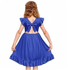 LQSZ Girls Summer Tie Back Dress Ruffle Sleeve A-Line for Beach Brithday Dance Party Size 160