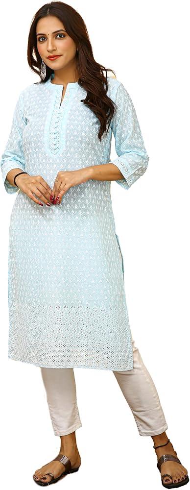 ladyline Womens Cotton Chikankari Tunic Kurti Top Lucknowi Embroidered Henley Neck Show Buttons Kurta, Size 38