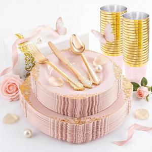 Morejoy 175pcs Pink Plastic Plates - Pink and Gold Disposable Plates sets, Include 25 Dinner Plates, 25 Dessert Plates, 25 Cutlery Sets, 25 Napkins Perfect for Wedding & Party & Holiday & Mother's Day