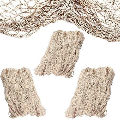 4E's Novelty Fish Net Decorative - Pack of 3 - Natural Cotton Fishnet Decor - Each 14 x 4 feet - for Mermaid Party Decorations, Luau Tropical Nautical Beach Table Cover,3 PC