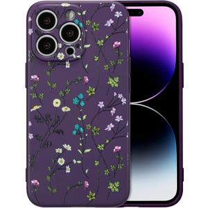 RALEAVO Floral Case for iPhone 14 Pro,Liquid Silicone Cover with Cute Flower Branch Pattern for Girls Women Slim Soft Rubber Protective Phone Case for iPhone 14 Pro (6.1"),Dark Purple