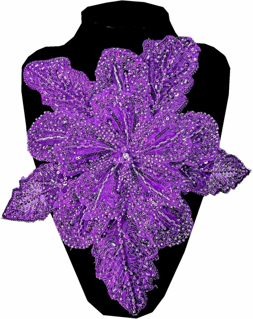 Rhinestone Bead Flower Applique Sewing Embroidery Trim Lace Patches for DIY Clothing Handmade Bridal Wedding Dresses Headwear Dcor (Style 2 Dark Purple)