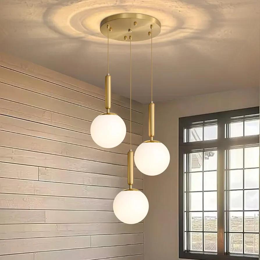 Modern White Glass Chandelier Cluster Pendants Lights for Kitchen Island Mid Century Globe Hanging Lighting Fixture Living Room Dining Room Bedroom Staircase E26 Bulbs Antique Gold