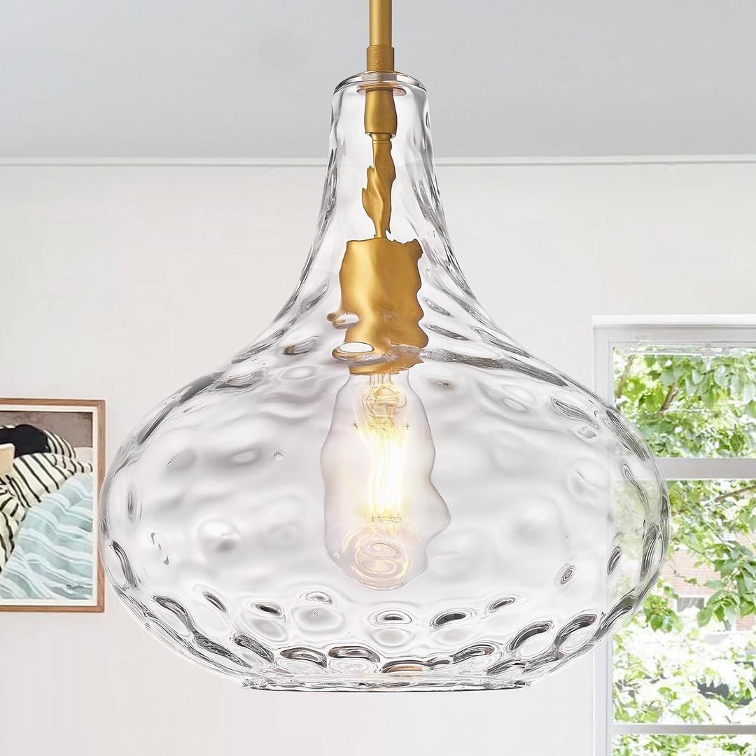 11" Clear Glass Pendant Light  Large Hand-Blown Glass Shade with Hammered Texture and Gold Finish, Adjustable Ceiling Hanging Light for Kitchen Island, Dining Room, Hallway, Living Room