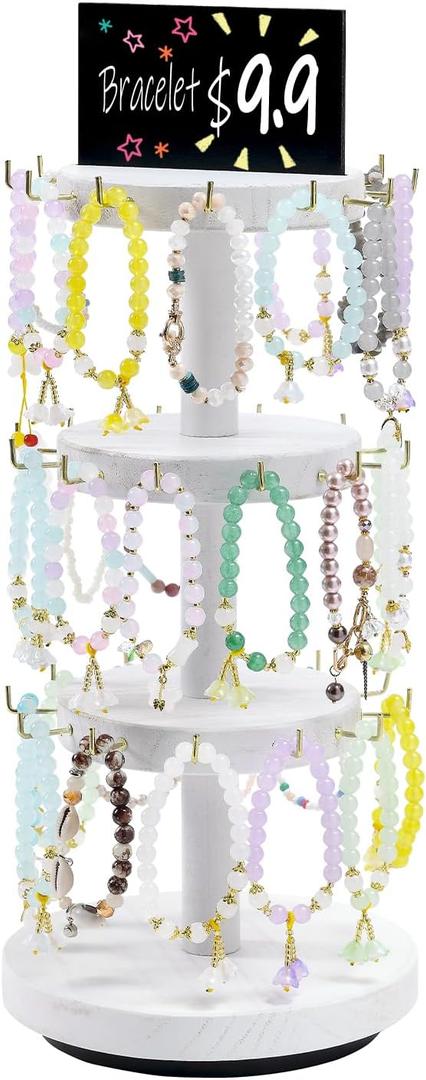 Pinzoveco Bracelet Holder, 3 Tier Wooden Rotating Bracelet Display Stand, Tree Stand Vendor Booth Display with Advertising Board, 36 Hooks for Bracelet, KeyChain Display Stand, White (Patent Pending)
