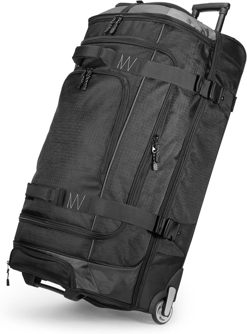 Amazon Basics 35-inch Large Rolling Duffel Bag with Wheels and Handle, Travel Duffle with Durable Ripstop Polyester Material, 2 Layers of Storage Space, Multiple Interior and Exterior Pockets, Black