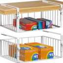AmonHouseware 2Pack Under Shelf Basket Organizer, Adjustable Hanging Holder Storage for Cabinet Pantry Kitchen Cupboard Desk Counter Bookshelf Organization Add-on Space Saver Heavy Duty Slide-in, White (Large)
