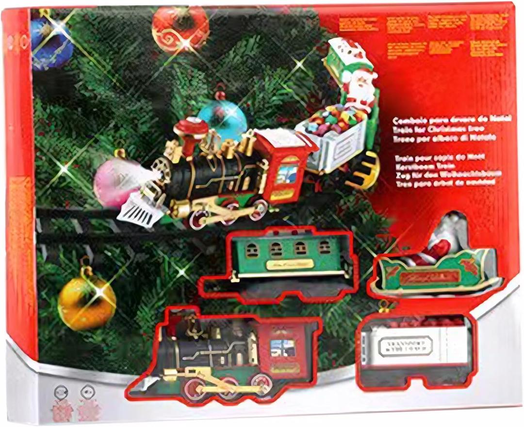 Christmas Train with Light and Sound, Hanging Christmas Train with Locomotive, Coal Wagon, Carriage, Sleigh and Tracks, Realistic for