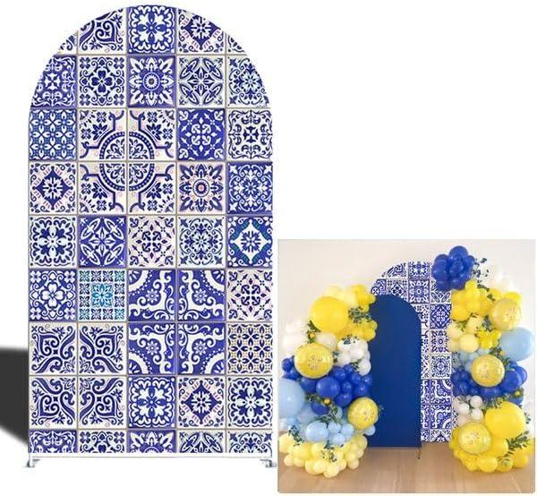 Curved Top Arch Cover Backdrop 4x7ft Mediterranean Portuguese Patchwork Tile Theme Spandex Background for Birthday Wedding Shower Banquet Porcelain Party Decoration (FUS-Arch-GX01)