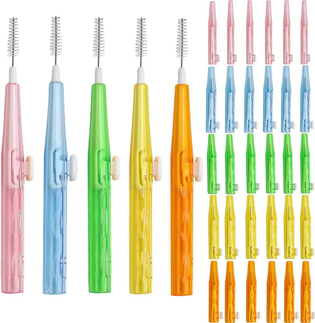 Interdental Brushes Oral Telescopic Type Dental Hygiene Brush Angled Interdental Toothpick Short Handle 30Pcs 5 Different Sizes Tooth Portable Cleaning Tool (Multi-Colored)