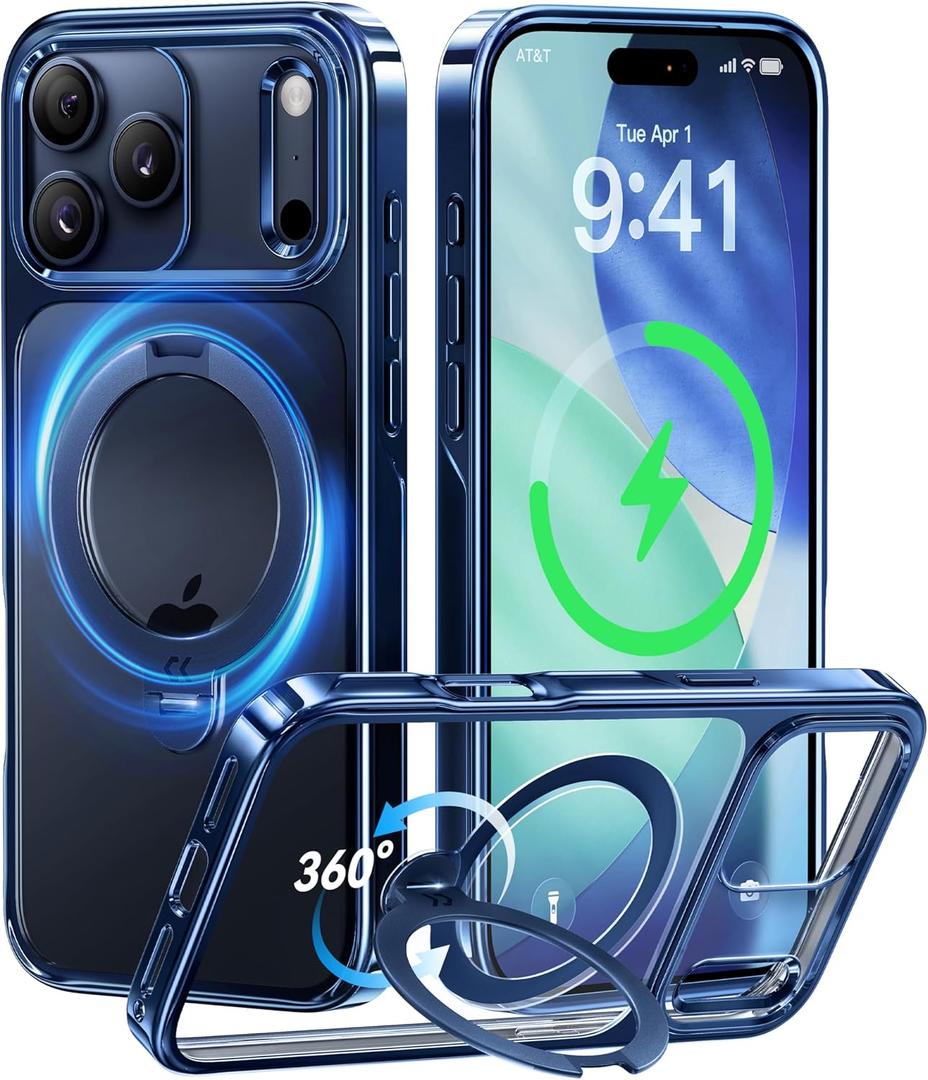 CASEKOO Deep Blue Glossy Designed for iPhone 17 Pro Case with 360 Spin Magnetic Stand [Fit for MagSafe][17FT Military Protection] Slim Polished for iPhone 17 Pro Case with Stand 6.3'', Deep Blue