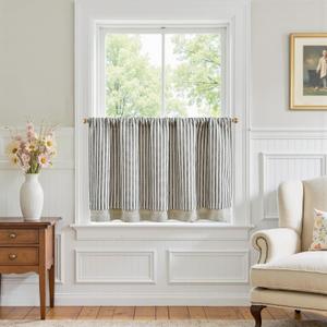 jinchan Double Layer Striped Linen Kitchen Tier Curtain Rustic Cafe for Living Room Bathroom Half Window Curtain Light Filtering Rod Pocket 1 Panel 24 Inch Charcoal Grey