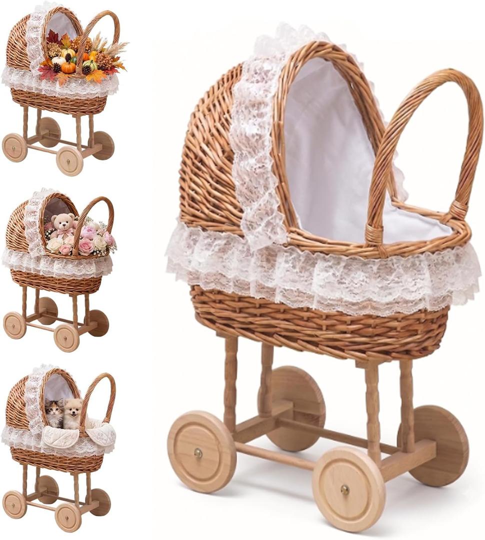 Wicker Baby Carriage for Baby Shower, Lace Basket Stroller Prop