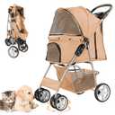 Pet Stroller for Small Dogs and CatsQuick-Folding Portable Travel Cat Dog Stroller with Storage Basket and Cup Holder, 4 Wheels, Beige