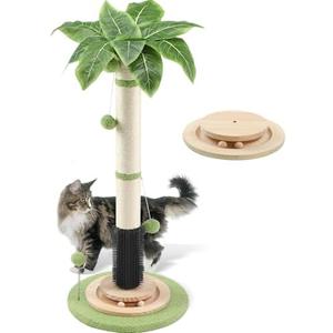 39.4'' Tall Cat Scratching Post,3.5 Inch Wide Sisal Rope Scratching Post for Indoor Adults Kittens,Cat Scratcher with Stable Solid Wood Base Interactive Ball Toys Self Groomer Brush for Large Cats