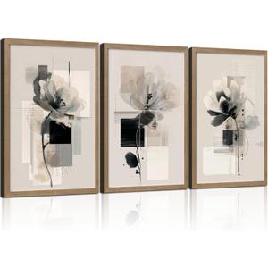 3Pcs Framed Black and White Flower Abstract Wall Art Modern Neutral Canvas Prints Posters Pictures Gallery Wall Decor Living Room Bedroom Office Apartment 12X16 Inch Ready to Hang