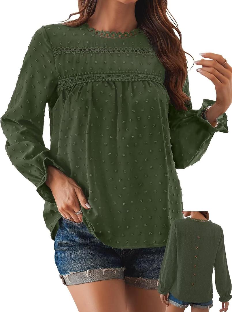 Falechay Womens Boho Tops Long Sleeve Shirts For Women Cute Crewneck Blouse Dressy Casual Swiss Dot Crochet Hollow Top 2026
