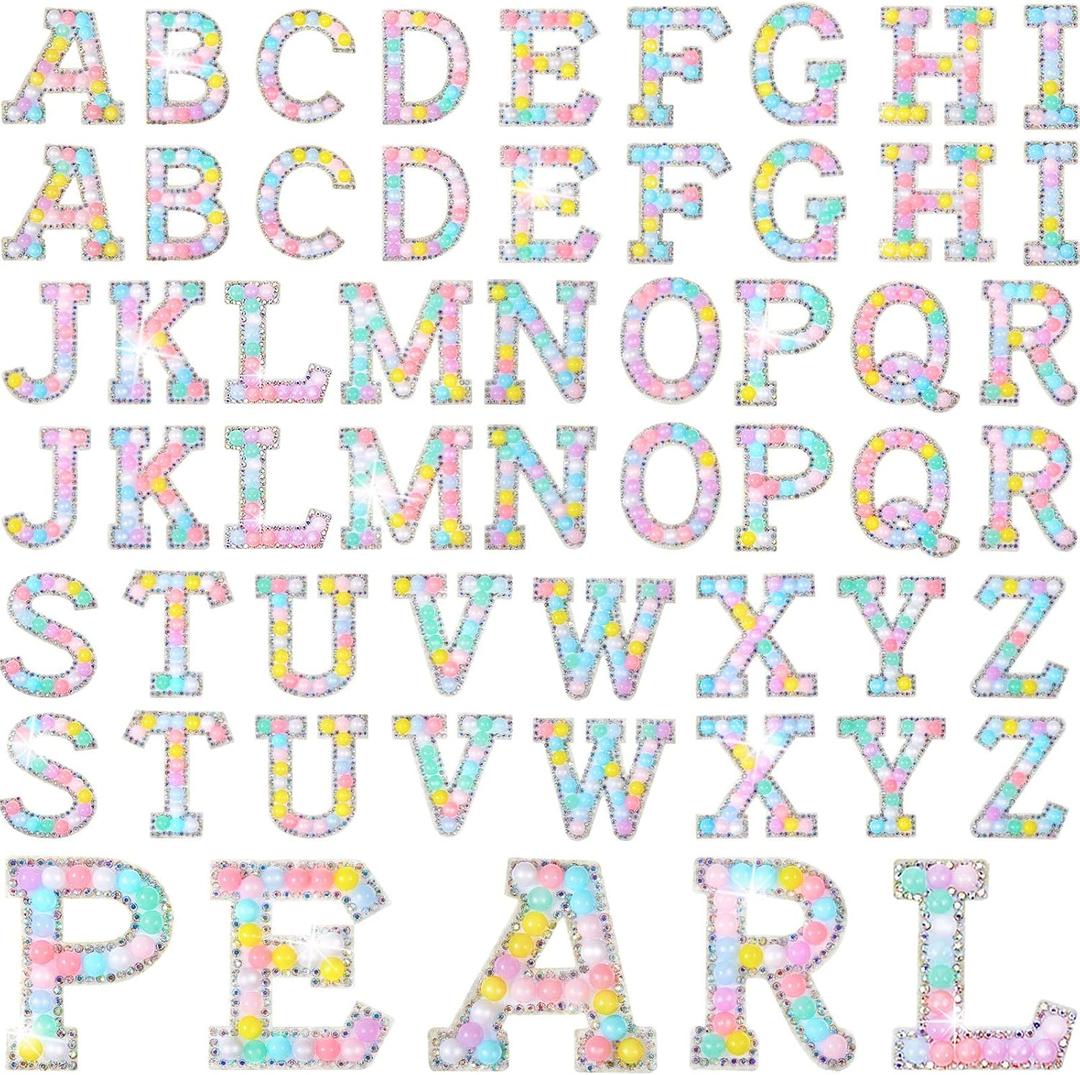 Canlierr 52 Pcs Self Adhesive Pearl Rhinestone Letter Patches Rhinestone A-z Glitter Pearl Sew on Patches Bling Letter Sticker Appliques Fabric Craft for DIY Clothes Bags Hats(Stylish Style), 0.79-2.05 inches