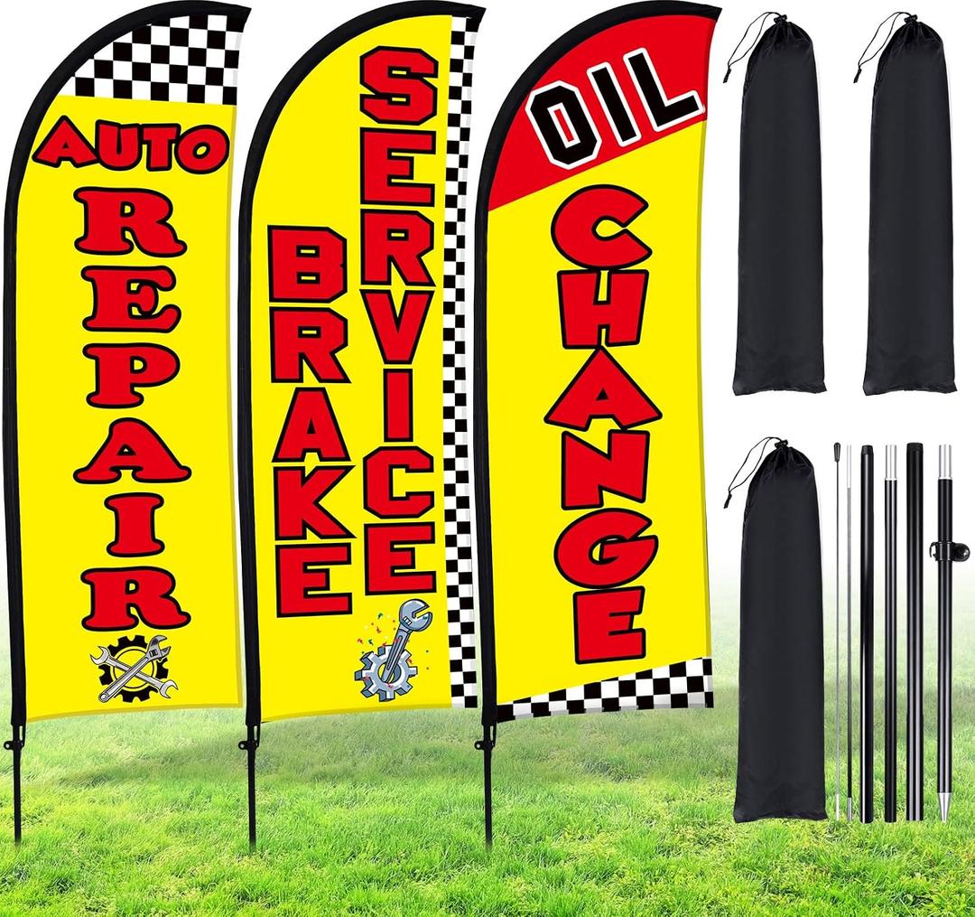 Buryeah 3 Set Feather Flags Pole Kit, Auto Repair, Brake Service, Oil Change Swooper Flag with Pole Ground Stake and Bag 7 ft Feather Banner Flag for Advertising Outside Ground(Yellow)