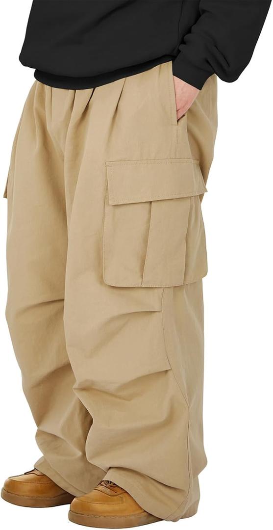 American Trends Men's Baggy Cargo Pants Wide Casual Parachute Pants Jogger Drawstring Hiking Hip Hop Pants with Pocket (Large, Khaki)