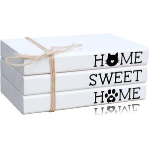 LIVDUCOT Cat Decor For Home, Cat Decorations Gift for Cat Lovers, Farmhouse Cute Cat Tiered Tray Decor, Home Sweet Home Wooden Book Stack Sign, Cat Themed Room Decor