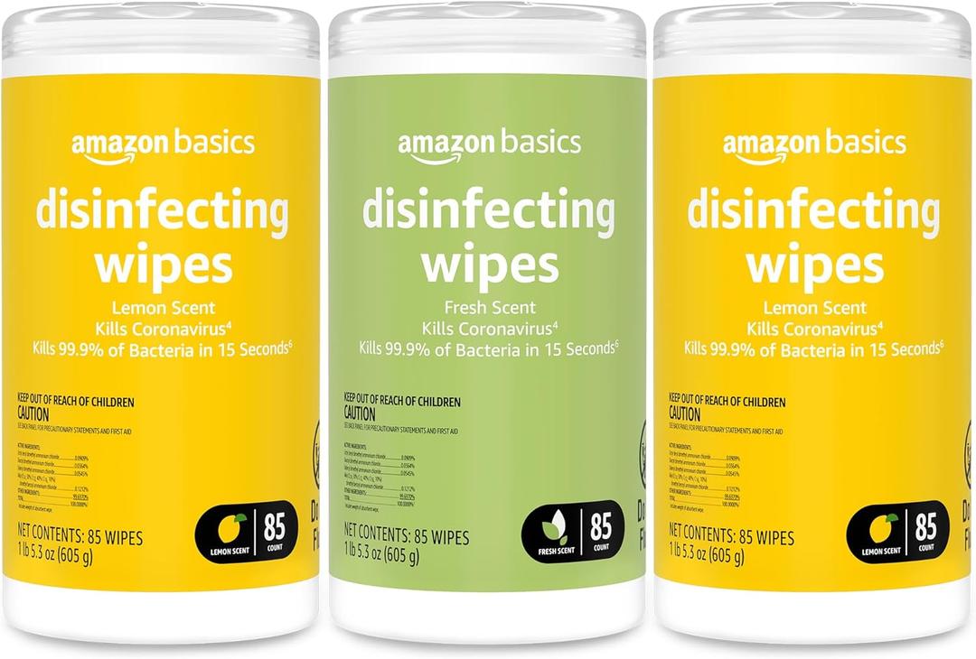 Amazon Basics Disinfecting Wipes, Lemon & Fresh Scent, Sanitizes/Cleans/Disinfects/Deodorizes, 255 Count (2 Packs Lemon, 1 Pack Fresh Scent) (85 Count (Pack of 3))