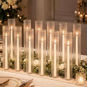 12 Pcs Ribbed Hurricane Glass Candle Holders, 2.5" W X 14" H