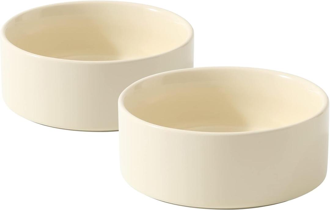 Havniva Ceramic 2pcs Cat Food and Water Bowl , Kitty Bowl , Cat Dish , Cat Feeder , 5" D Cat Bowl , 400ml, 13oz (2 x Cream White)