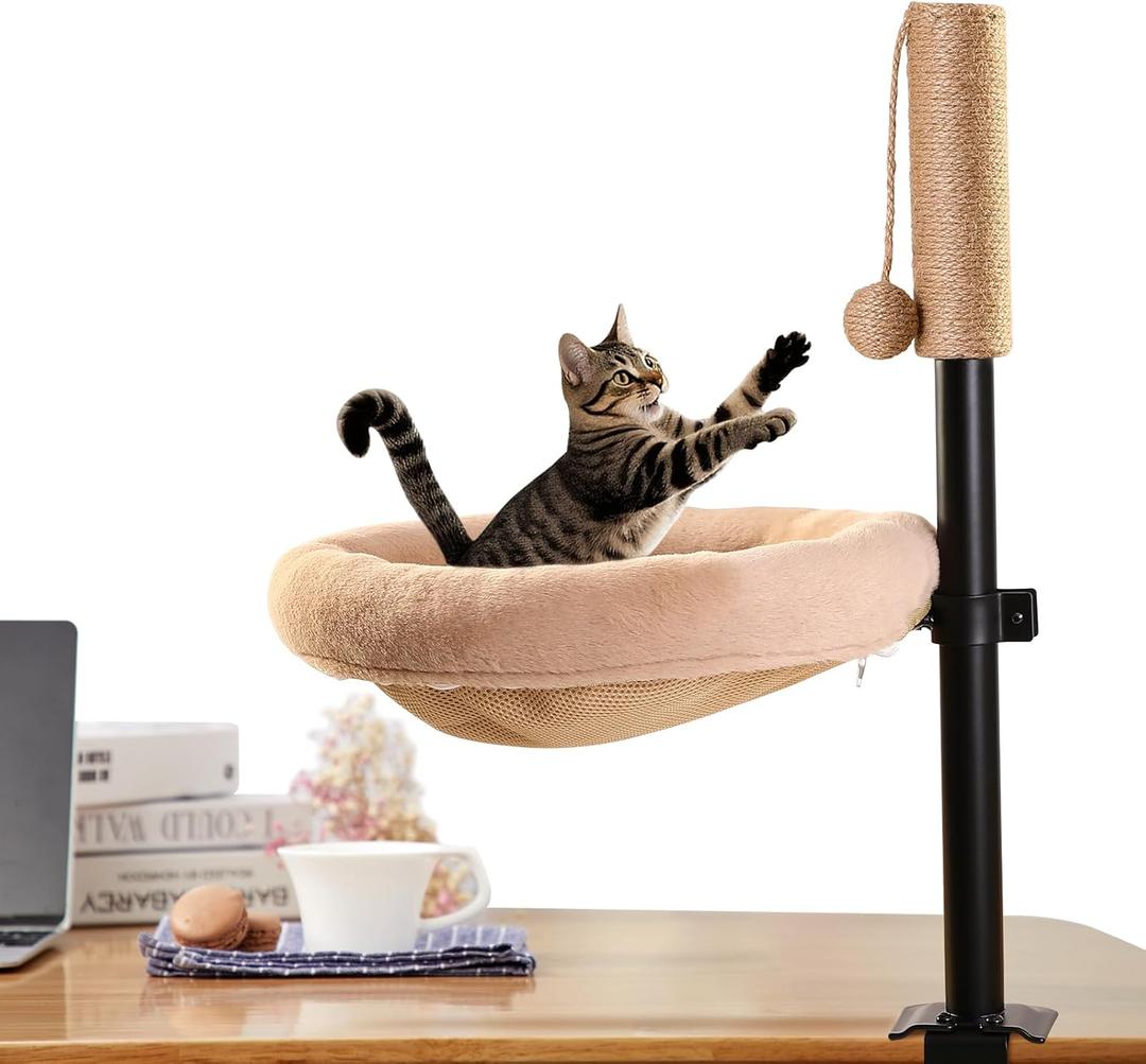 ZUPETCO Cat Desk Bed - with Attachable Scratching Post, 360 Rotating & Adjustable Cat Hammock Mount, Pet Nest for Home Office