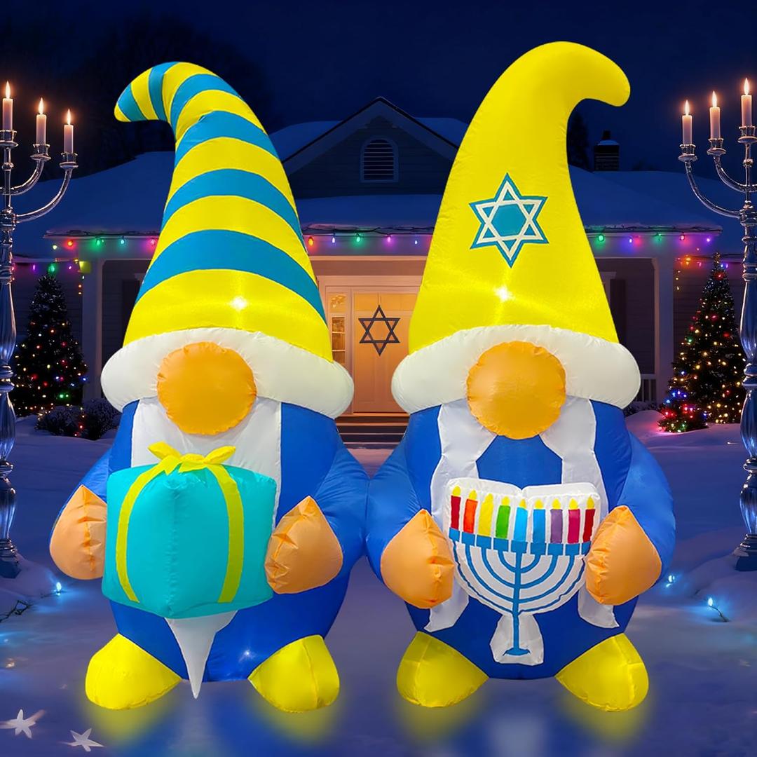4 FT Hanukkah Inflatable Outdoor Decorations, Chanukah Gnomes Holding Menorah and Gift Box Blow up,Build-in Led Light for Party Yard Holiday Outdoor Decor