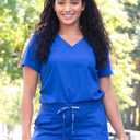 Med Couture Women's V-Neck Scrub Top, Modern Fit Tuck-in Top with Stretchy Rib-Knit Shoulders and Chest Pocket - MC7448 (Teal, M)