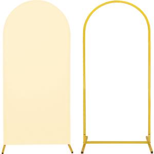 Metal Arch Stand and Cover Set,1 Beige Spandex Fitted Backdrop with 1 Gold Wedding Arched Stand Frame for Parties Birthday Baby Shower Bridal Banquet Decoration (6FT)
