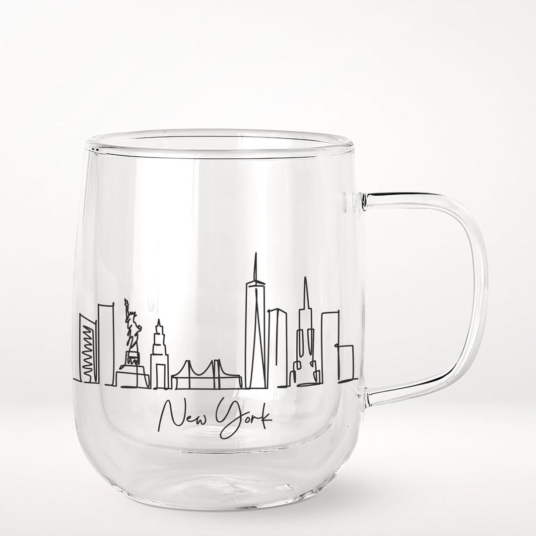 COLLECTIVE HOME - Double Walled Glass Coffee Mugs, Insulated Coffee Mug with Handle, Personalized Gifts for Women, Men, Christmas, 14oz Skyline Cups (New York)