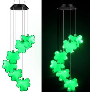 1 Pcs St. Patrick's Day Solar Shamrock Wind Chimes Green Color Lights Outdoor Mobile Wind Chime Light Shamrock LED Lights Irish Gifts for Garden Patio Yard Porch Decoration