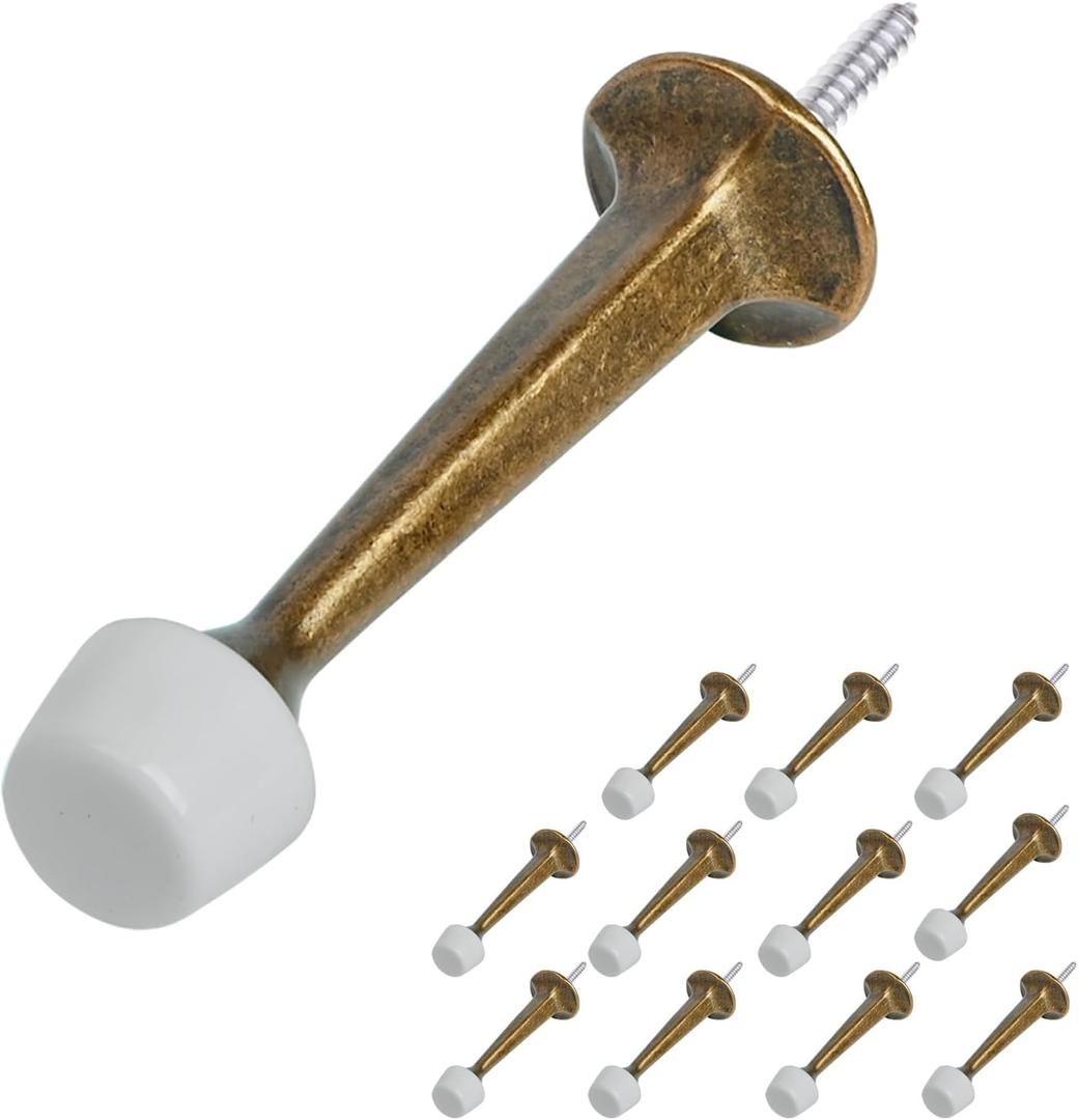 HOMOTEK 12 Pack Heavy Duty Solid Rigid Door Stop with Soft Rubber Tip, Zinc Die Cast Door Stopper Protect Wall & Door,Brass Bronze