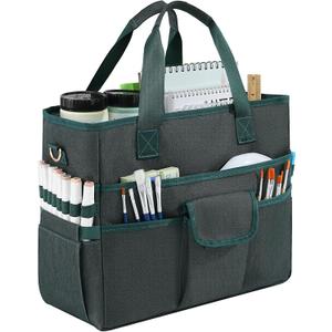 Freebat Craft Organizer Tote Bag with Multiple Pockets & Detachable Shoulder Strap, Art Storage Caddy for Pencil, Stationary, Book, Craft, Art, Office Supplies (Green)