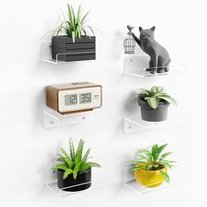 Upsimples 6 Pack 6x4 Inches Acrylic Small Shelves, Floating Shelves for Wall, Display Shelf Organizer for Plants, Speaker, Radio, Toys, Clear