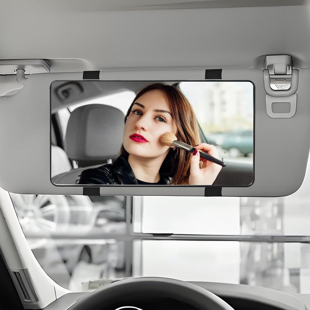 Car Sun Visor Mirror, HD Glass Large Car Sun Visor Vanity Mirror, Automotive Makeup Mirrors with Straps, Sun-Shading Cosmetic Mirrors for Women Girls, Universal for Most Vehicles (Black)