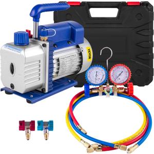 VEVOR 3CFM 1/4HP Single Stage Air Vacuum Pump HVAC R134a R12 R22 R410a A/C Refrigeration Kit AC Manifold Gauge R134 Included Carrying Tote