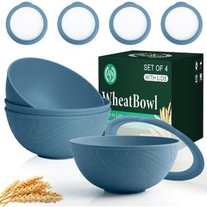 Homienly Bowls for Kitchen, Wheat Straw Bowls with Lids, Salad Container for Lunch, Unbreakable Microwave and Dishwasher Safe 40 OZ Large Bowl for Soup, Cereal, Ramen, RV, Camping, College Dorm, Blue