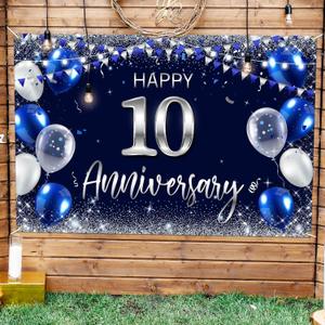 Happy 10th Anniversary Backdrop Banner Decor Navy Blue  Silver Glitter Happy 10 Years Wedding Anniversary Party Theme Decorations for Women Men Supplies (10)