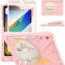 BRAECN Case for ipad 9th/8th/7th Generation 10.2'' Heavy Duty Screen Protector 360 Rotating Stand Handle Pencil Holder Shockproof Drop Protection Shoulder/Hand Strap Durable Kids-Friendly (Sakura Pink)