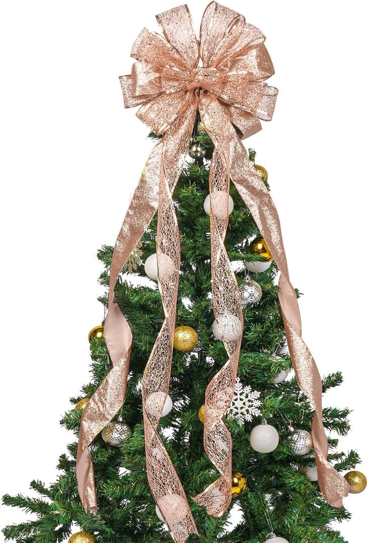 45 * 13Inch Christmas Tree Topper Bow Decoration, Giftable Large Glitter Tree Decoration Ornaments(Rose Gold)