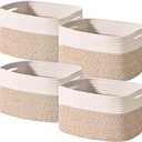 Storage Baskets for Shelves, Woven Storage Basket, Bins for Cube Storage, Cotton Rope Basket with Handles for Toy, Book, and Clothes Living Room, (4 Packs) Off White & Brown (12.5"(L)9.1"(W)7.9"(H))