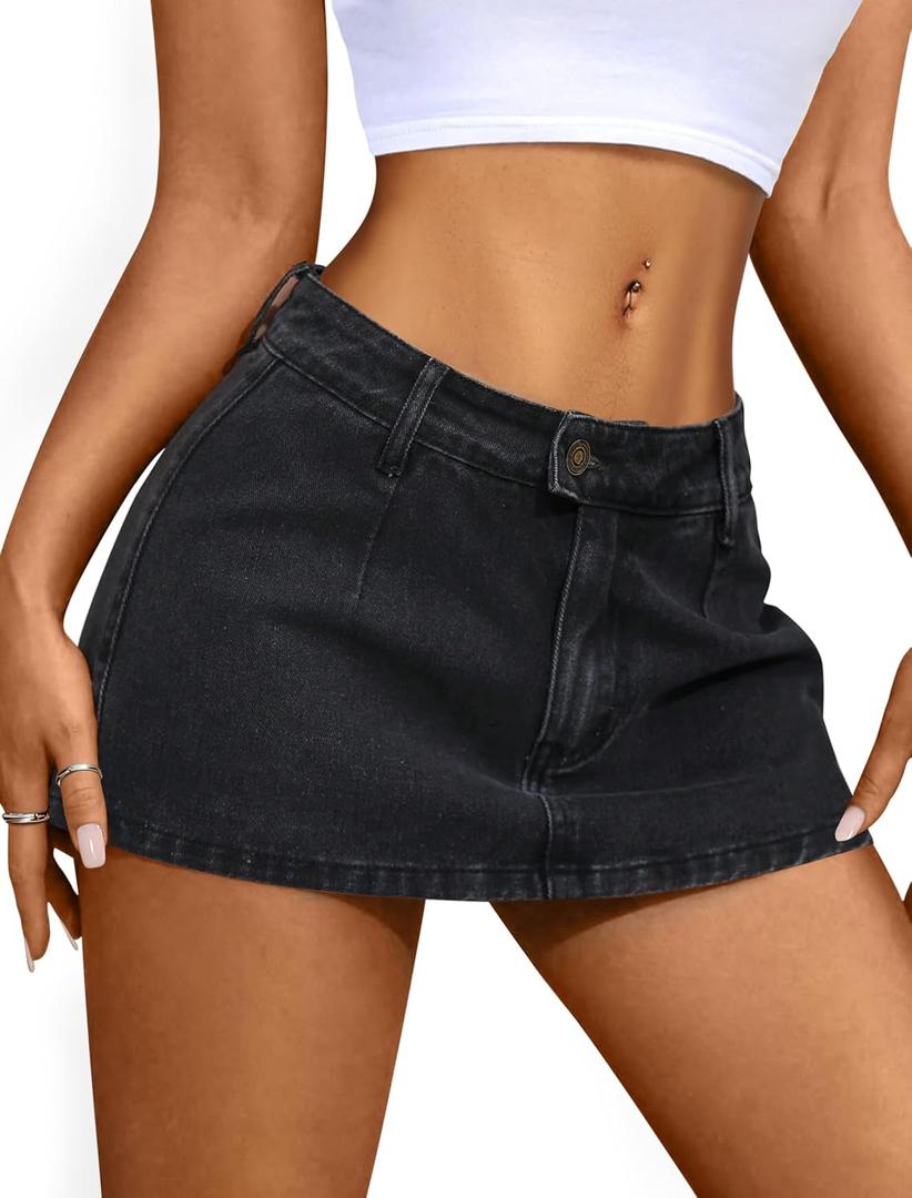 IWD Denim Mini Skirt for Women Low Waisted Jean Micro Skort with Shorts Stretch Casual Jean Skirt (Large, Black)