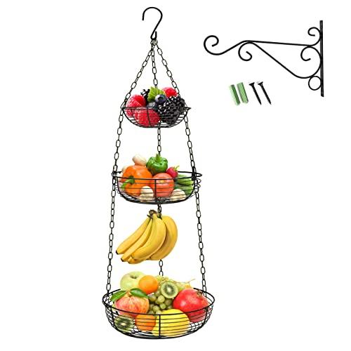HULISEN 3 Tier Hanging Fruit Basket with Banana Hook, Heavy Duty Wire Hanging Baskets for Kitchen Storage, 36 Inch Hanging Vegetable Produce Basket Organizer (Including Installation Bracket)