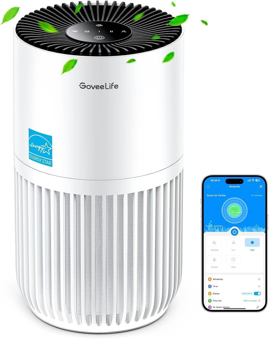 GoveeLife Mini Air Purifier for Bedroom, HEPA Smart Filter Air Purifier with App Alexa Control for Pet Hair, Odors, Pollen, Smoke, Portable Air Cleaner with 3 Speeds, 2 Modes, Timer, Aroma for Home (White)