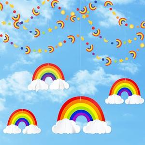 Rainbow Party Decorations 3D Cloud Rainbow Cutout Circle Dots Star Moon Lightning Hanging Colorful Garland Streamer for Birthday Baby Shower Wedding Carnival Party Supplies Classroom Nursery Decor