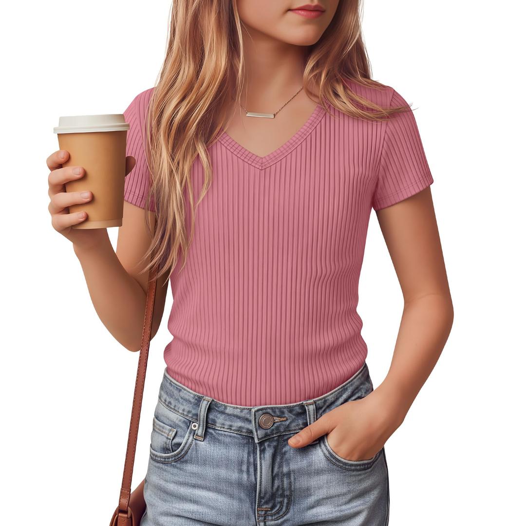 LessonZoo Girls Shirts Short Sleeve V Neck Ribbed Slim Fit Kids Tops Comfy Cute Summer Teen Girl Basic Tees(Peach Pink,5-6 Years)