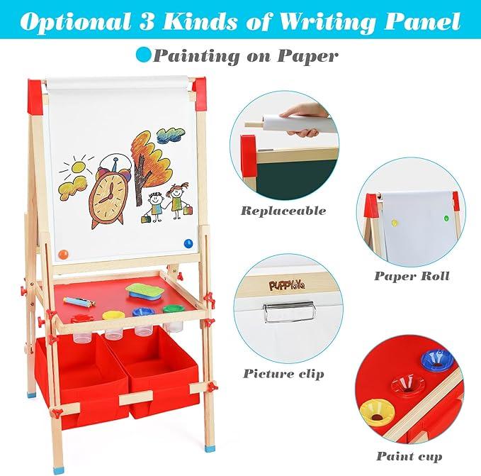 Art Easel for Kids, Wooden Kids Easel with Paper Roll and Accessories, Adjustable Double-Sided Whiteboard & Chalkboard Standing Easel, Children Easel for Painting Drawing